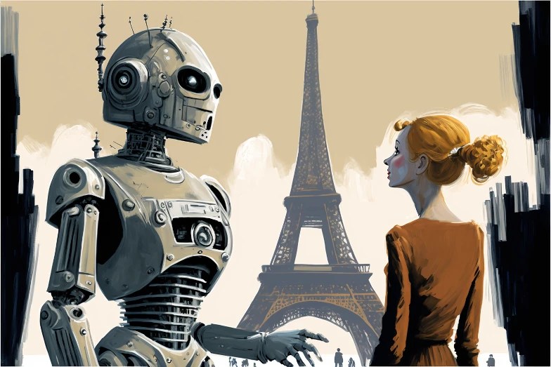 A robot and a woman in front of the Eiffel tower