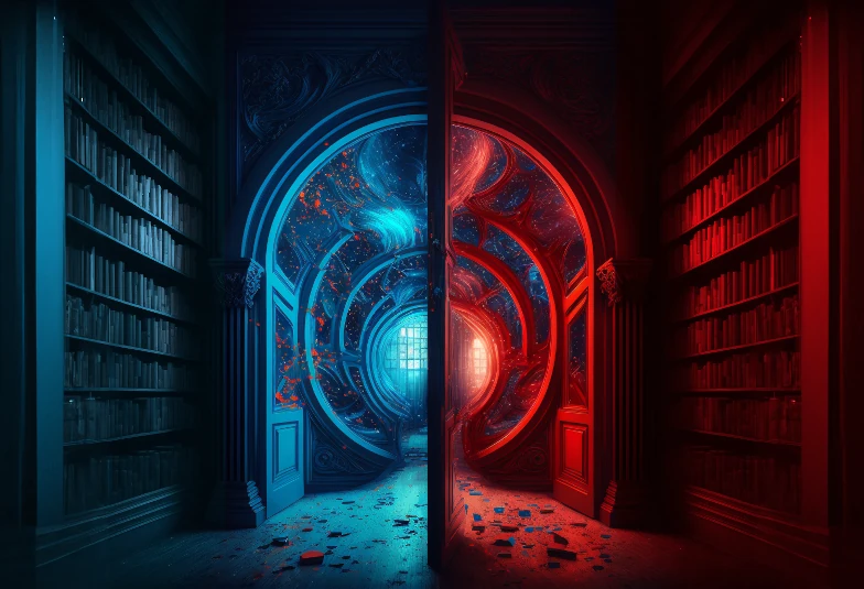A magical portal in a library corridor