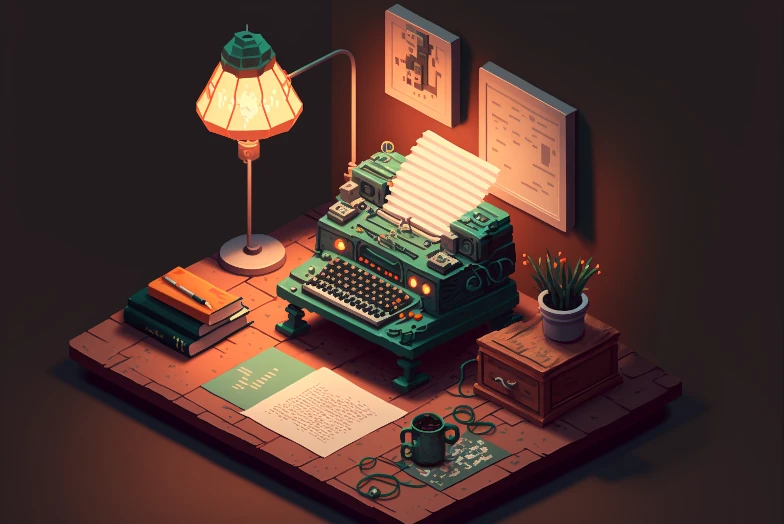 Typewriter on a desk next to a stack of books, a plant and a coffee mug